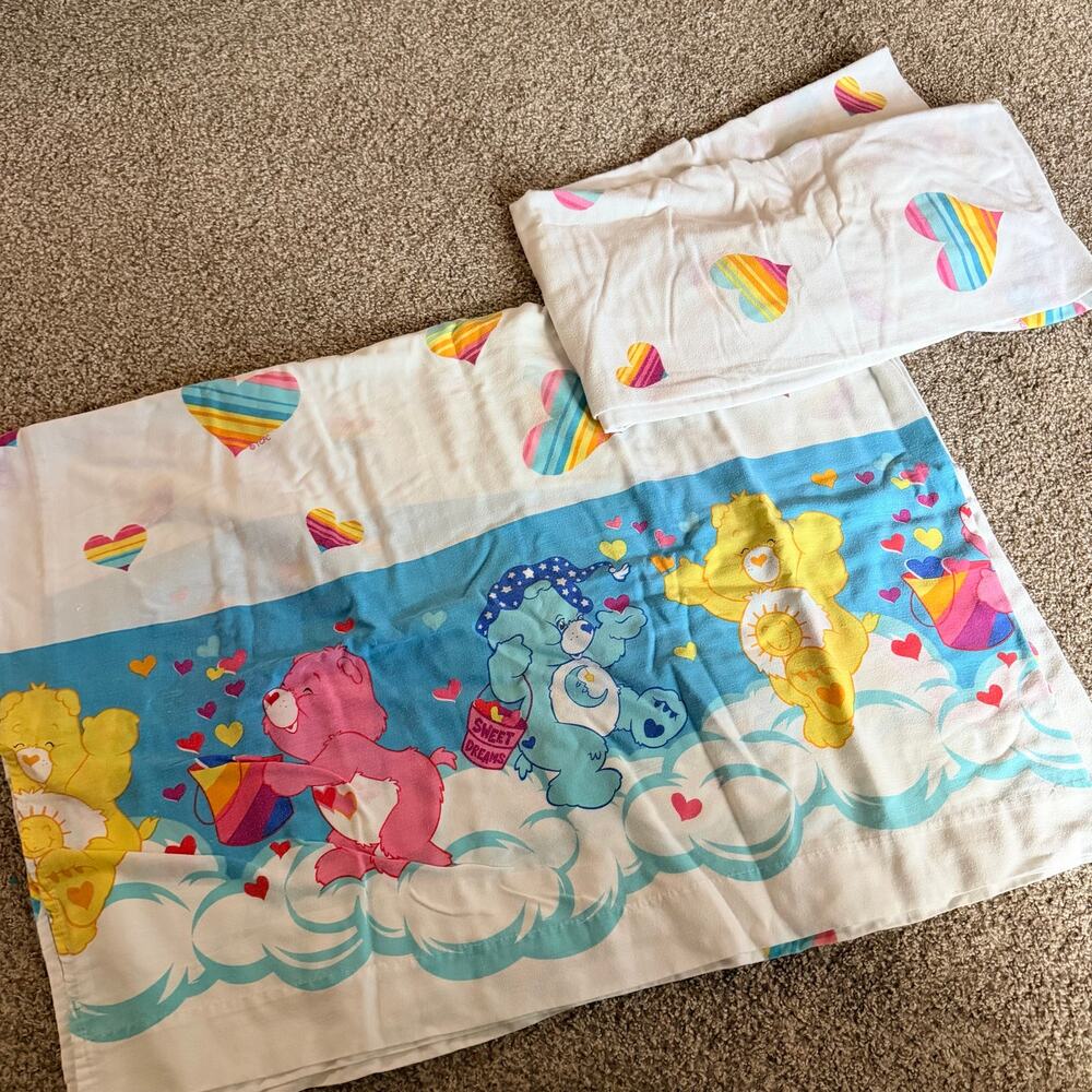 Vintage Care Bears Twin Sheet Set Fitted Flat 80s Cloud Cartoon Hearts